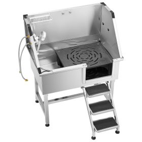 38" Dog Grooming Bath Tub Stainless Steel w/ Stairs Faucet Showerhead